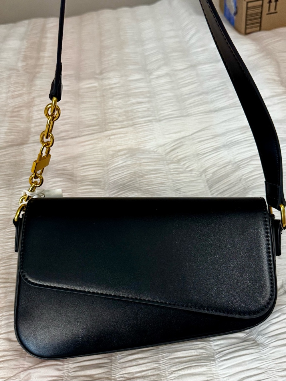 Madison West Black Vegan Leather Shoulder Bag with Gold Chain Accent